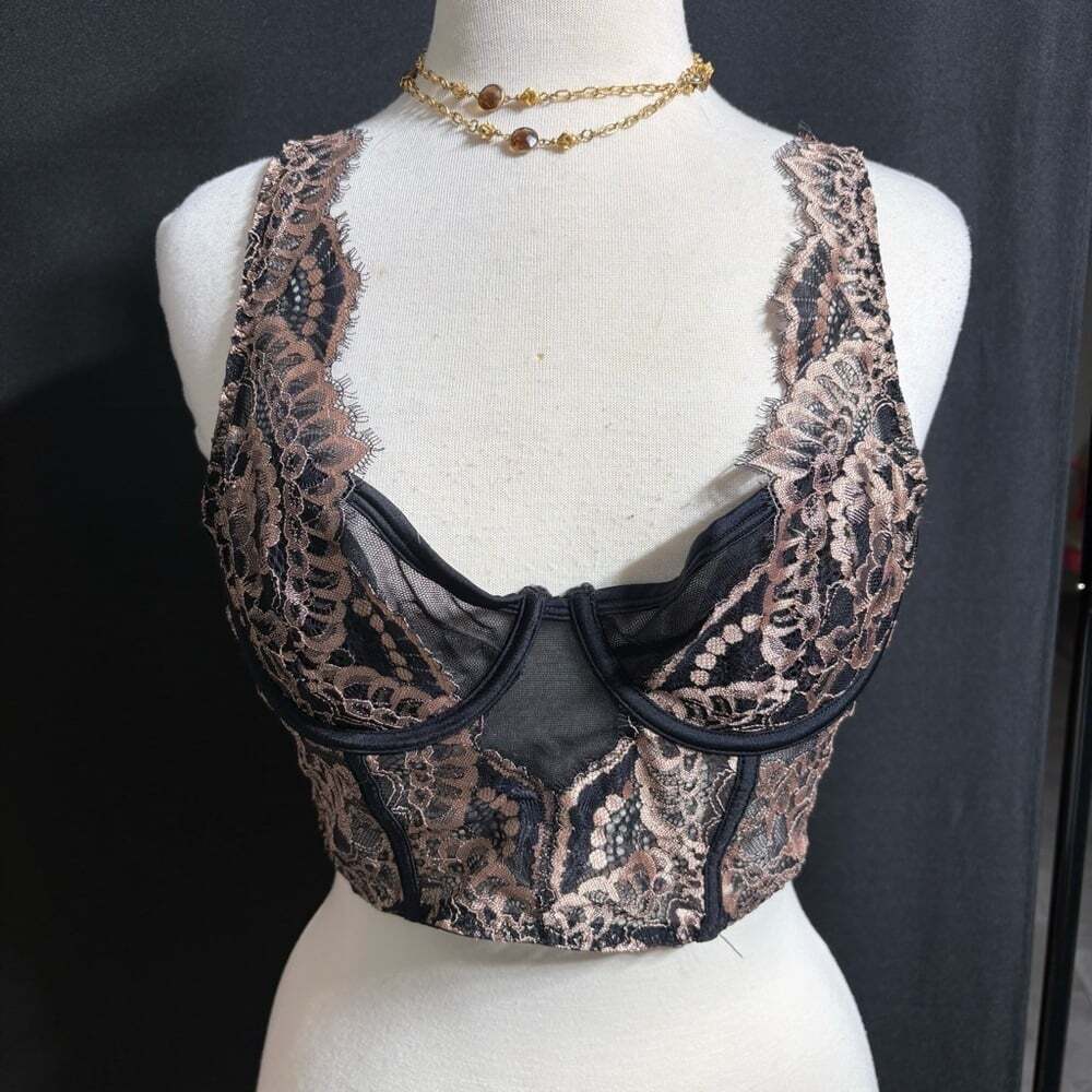 LaSenza Black Bronze Lace Longline Bustier Bra Top Bralette Gothic Boho Glam M/L